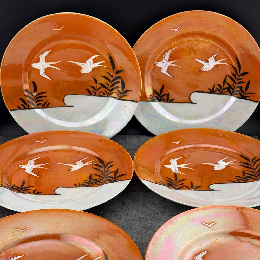 Lot of 6 Japan Salad Dessert Plates Lusterware Willow Swallow Bird Orange VTG